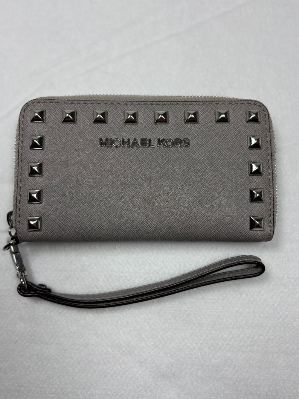 Michael Kors Gray Studded Leather Zip Wristlet Wallet Clutch Rocker Chic Glam